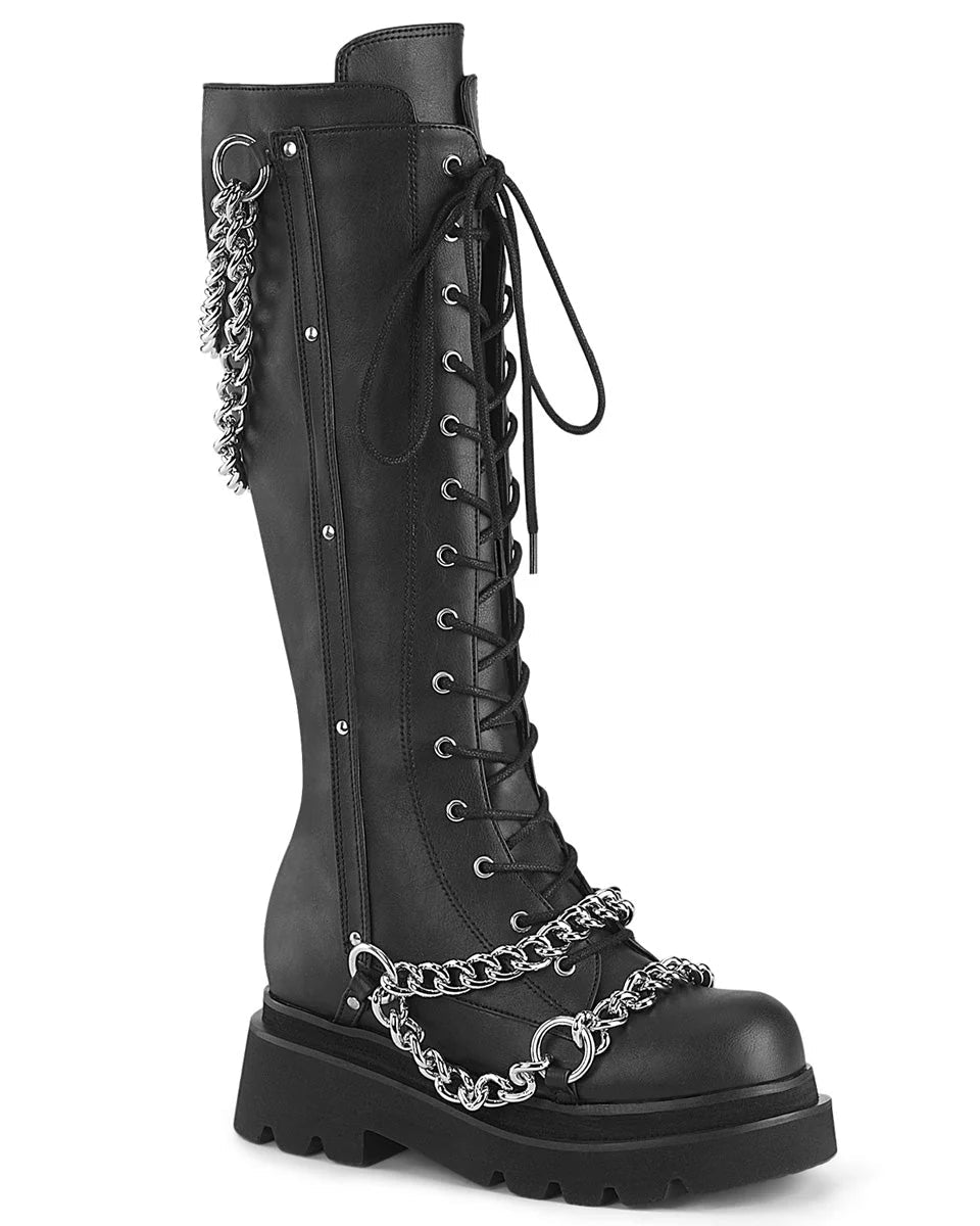 Demonia Renegade Women's Black Knee High Chain Platform Boots - InstaWOW Shop