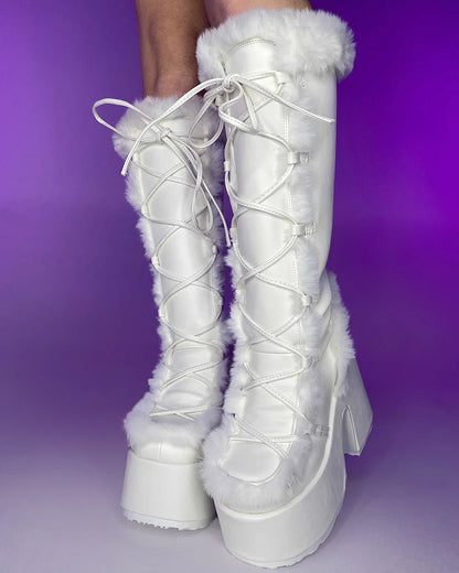 Demonia White Furry Winter Faux Fur Boots - InstaWOW Shop