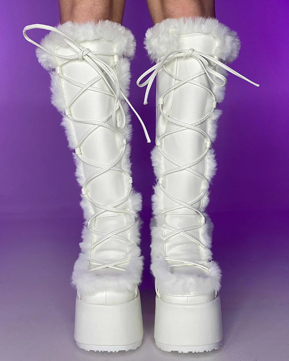 Demonia White Furry Winter Faux Fur Boots - InstaWOW Shop