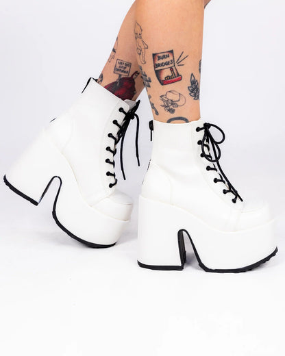 Demonia White Lace - Up Women's Platform Ankle Boots - InstaWOW Shop