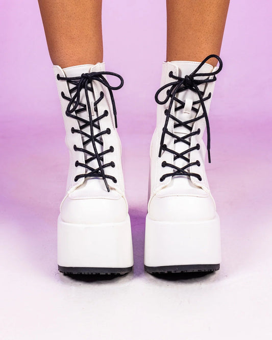 Demonia White Lace - Up Women's Platform Ankle Boots - InstaWOW Shop