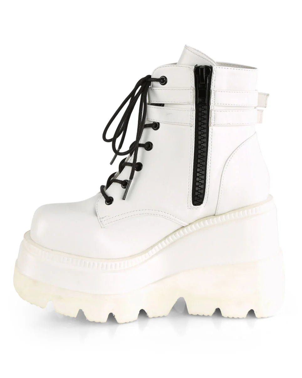 Demonia White Stacked Women's Wedge Platform Ankle Boots - InstaWOW Shop