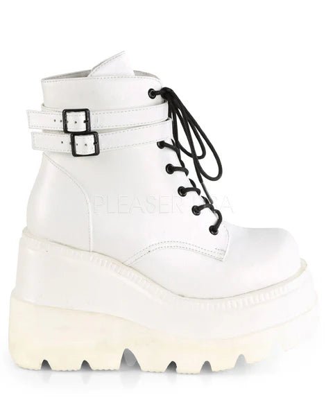 Demonia White Stacked Women's Wedge Platform Ankle Boots - InstaWOW Shop
