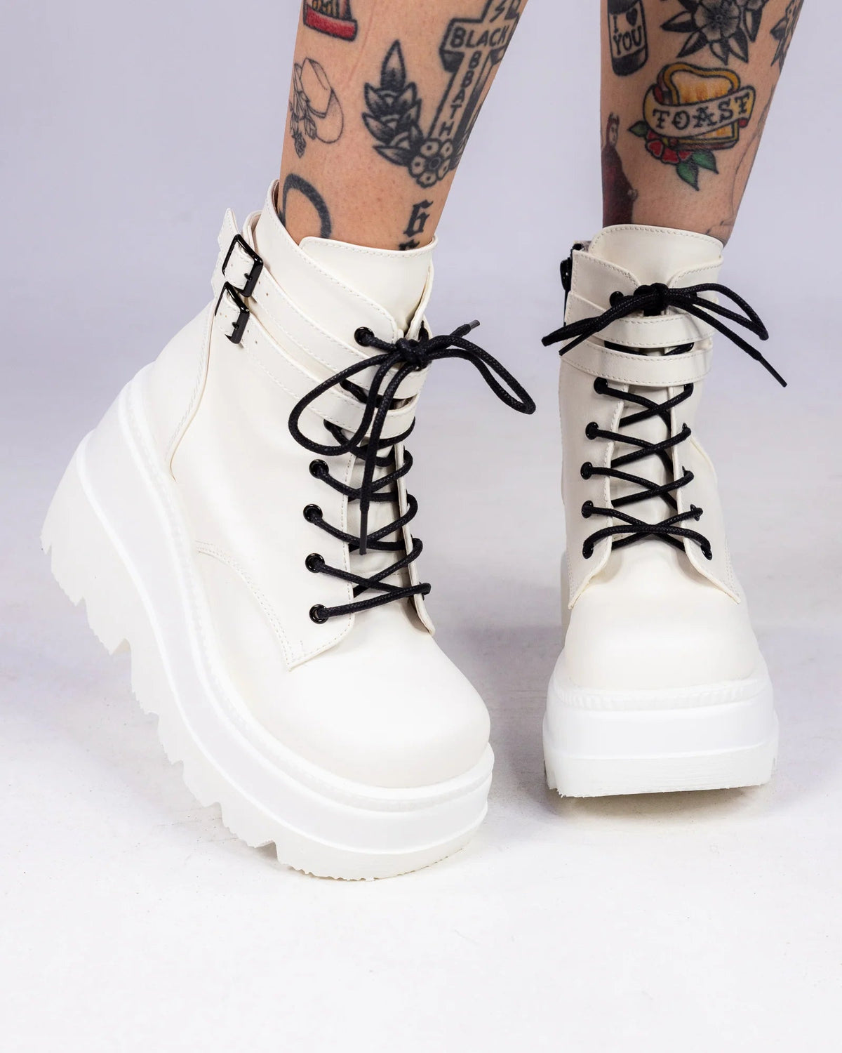 Demonia White Stacked Women's Wedge Platform Ankle Boots - InstaWOW Shop