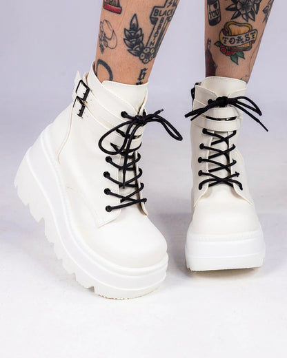 Demonia White Stacked Women's Wedge Platform Ankle Boots - InstaWOW Shop