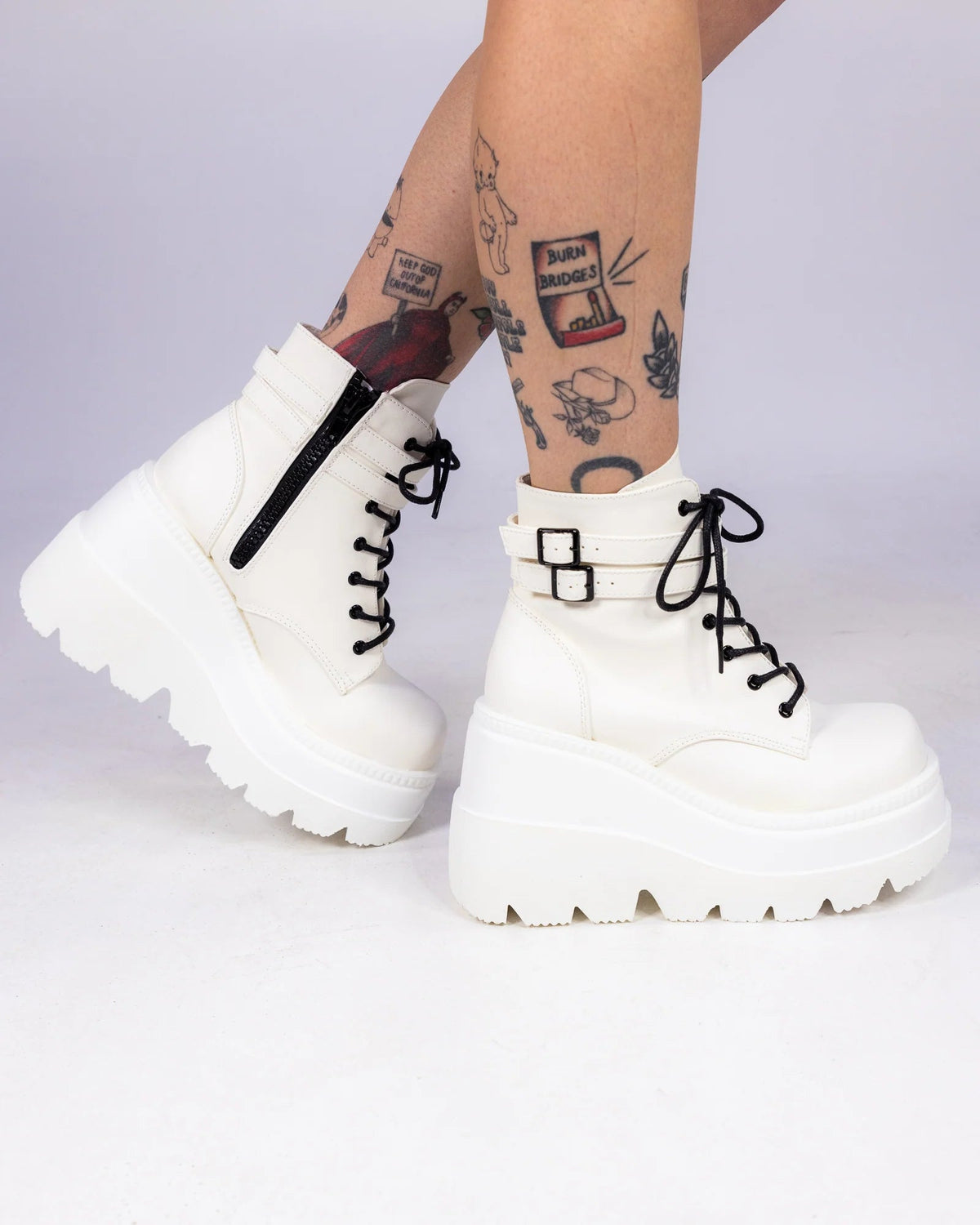 Demonia White Stacked Women's Wedge Platform Ankle Boots - InstaWOW Shop