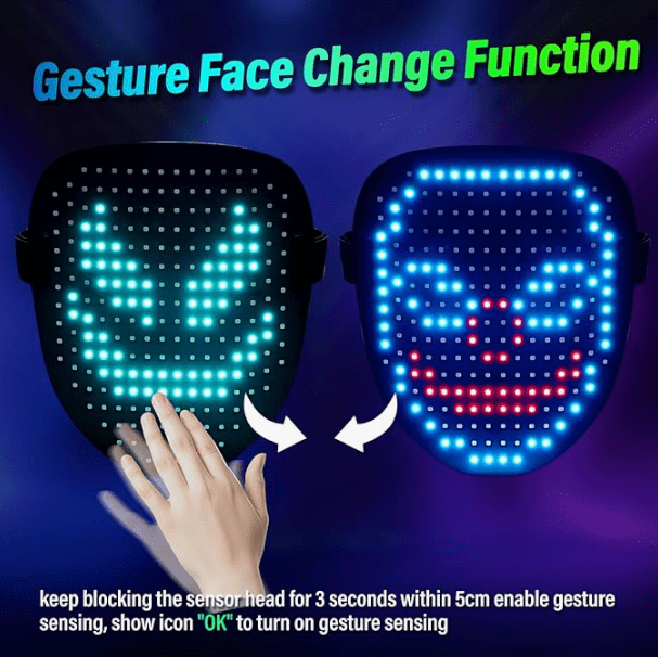 LED Face Mask with Gesture Control – Rechargeable Light Up Halloween Masks Costume for Adults & Kids, Glowing Transformable Cosplay Mask for Parties, Christmas, Concerts - InstaWOW Shop