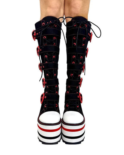YRU Detention Hearts Black/Red Platform Boots - InstaWOW Shop