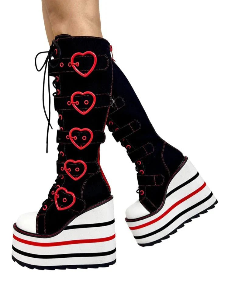 YRU Detention Hearts Black/Red Platform Boots - InstaWOW Shop