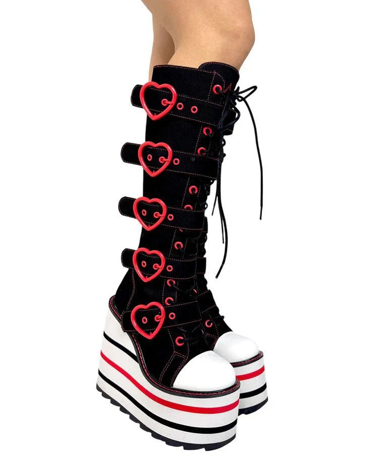 YRU Detention Hearts Black/Red Platform Boots - InstaWOW Shop